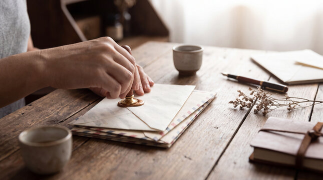 Hands sealing a letter with wax on a rustic wooden desk
