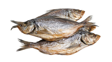 Isolated stack of three whole dried fish, a traditional preserved seafood delicacy or snack. © Ciara