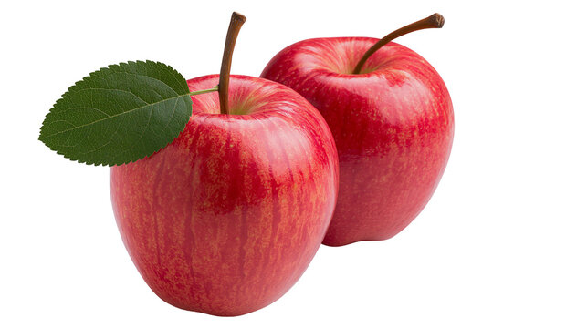 Isolated two fresh red apples with a green leaf and stems, vibrant healthy organic fruit