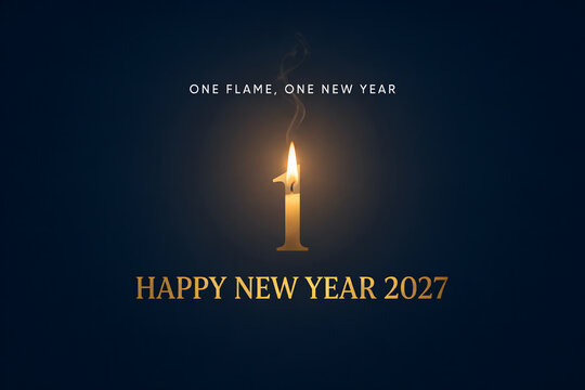 A candle shaped like the number one burning on a dark background, with the text, one flame, one, new year and, happy new year, 2027 in gold text