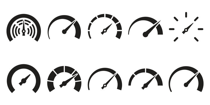 Set of black speedometer and gauge icons for user interface design and technical performance monitoring.