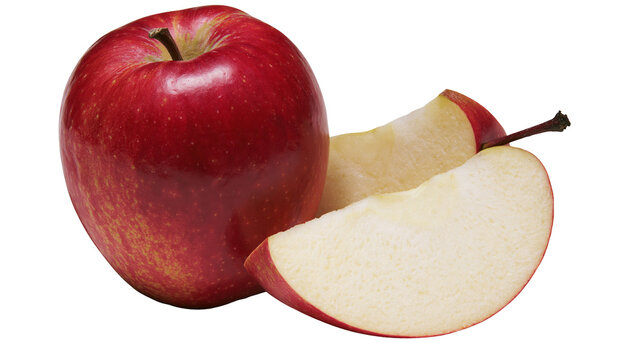Isolated fresh red apple with two juicy cut slices healthy sweet snack fruit