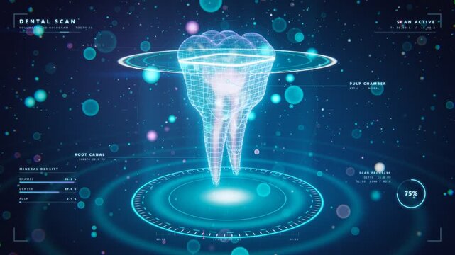 Futuristic holographic 3D tooth scan with dental diagnostic data and mineral density charts in 4K