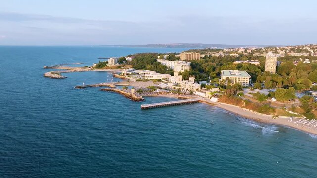St Constantine and Helena sea coast aerial view calm blue ocean beach bay sunrise morning light Varna Bulgaria travel tourism destination concept horizontal video stock footage