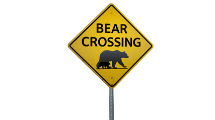 Isolated yellow diamond road sign for bear crossing featuring a mother bear and cub on a pole. © David