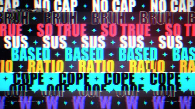 Glitchy retro internet meme error animation with modern slang text background