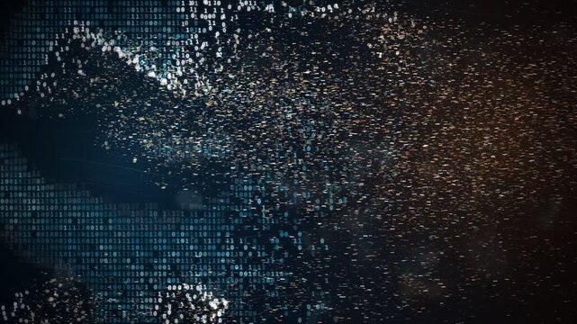 Digital data stream binary code matrix flowing like wind in dark cyberspace loop