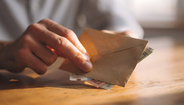 Close Up of Hand Holding Cash Envelope with Banknotes