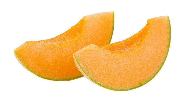 Isolated fresh ripe cantaloupe melon slices cut and ready to eat, healthy summer fruit
