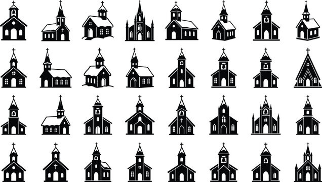 Set of black church silhouettes with various steeple designs and cross symbols for icons