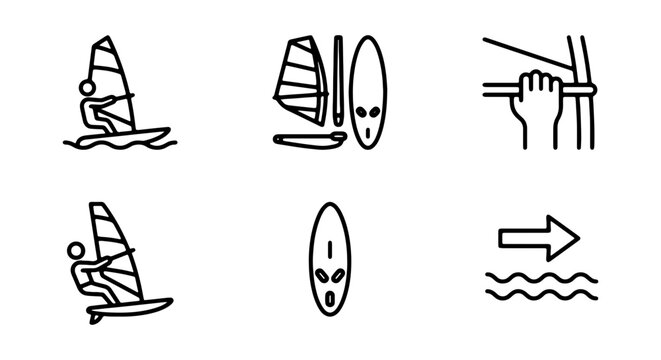 Windsurfing icons vector set, extreme water sport symbols, surfing equipment and activity