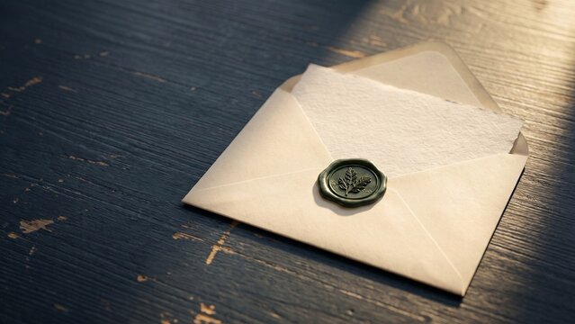 Envelope sealed with green wax stamp on wooden table in dramatic light for confidential letter, secret message and formal invitation