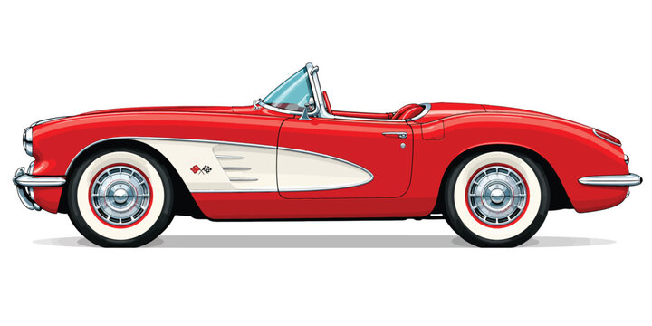 Classic Red Sports Car Isolated on White Background, Vintage Luxury Automobile with Convertible Design, Fast Racing Vehicle, Retro Transportation and Automotive Concept