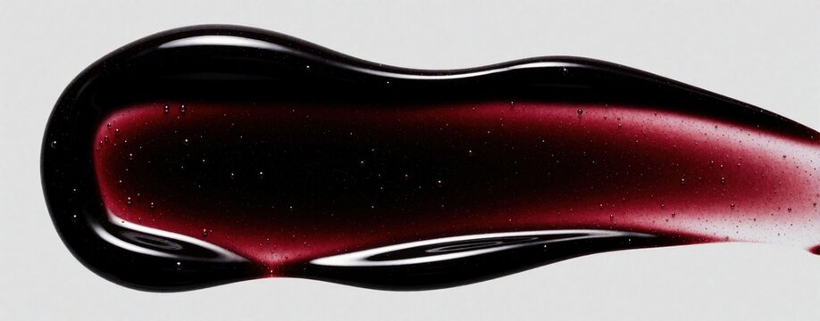 Black lipgloss with wavy texture on light grey background. Shiny dark liquid smear shows smooth glossy surface. Deep red undertones visible in cosmetic product sample. Elegant makeup texture for