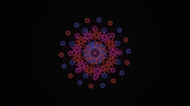 Intricate geometric stars arranged in a radial pattern glowing in red and blue on a black background