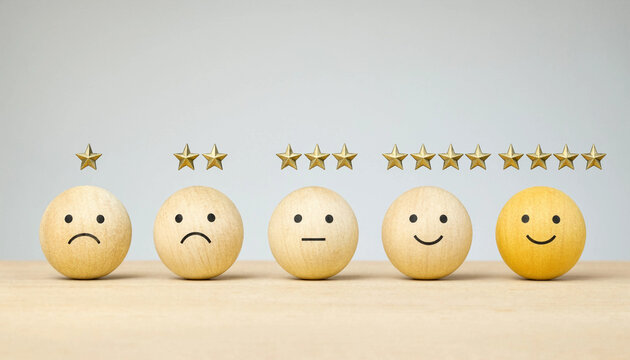Wooden sphere wooden balls showing customer review ranking system with different facial expressions and shiny gold stars arranged horizontally on surface