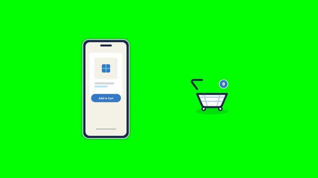 Premium 2D flat vector motion graphics of a product being added from a smartphone to a shopping cart, updating item badge and ending with a success checkmark. Solid green screen background.