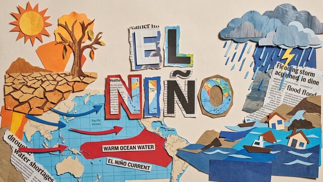 Paper cut collage text el nino showing drought, cracked earth and warm ocean current for climate pattern and extreme weather