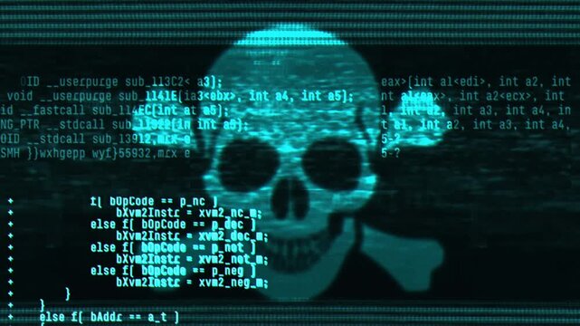 Digital skull glitching on a hacked screen. Computer virus, ransomware and cyber attack warning