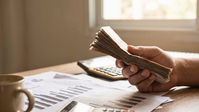 Hand counting cash banknotes over financial charts on desk for budgeting, personal finance and household savings