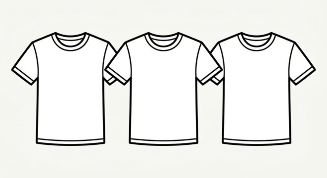 Three white t-shirt outline mockup templates for apparel design