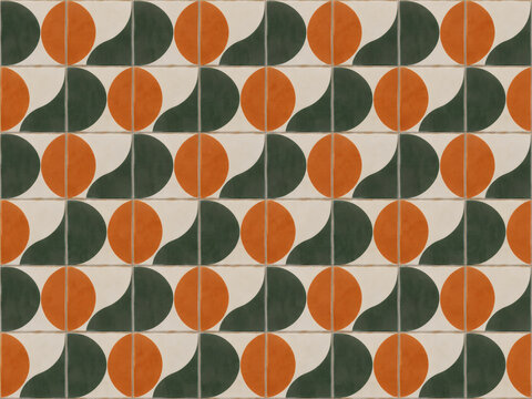 Retro ceramic tile wall with repeating green, orange and cream semicircle shapes, creating a bold geometric pattern for interiors and decorative design.