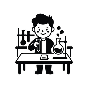Kid scientist holding test tube with flask on desk black and white line art vector icon