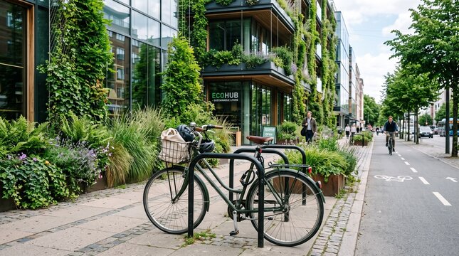 Bicycle parked at a modern eco-friendly building with vertical