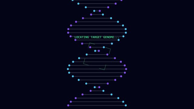 Abstract Digital DNA Helix Animation with Locating Target Genome Text Overlay for Biotechnology and Genetic Research Visualization