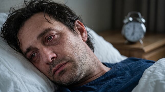 Sad man crying in bed with tears on face and alarm clock in background