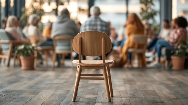 Empty wooden chair in front of a blurred support group meeting