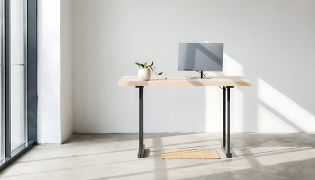 Wide View of Minimal Standing Desk by Tall Window in Empty Room