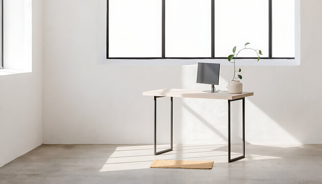 Wide View of Minimal Standing Desk by Tall Window in Empty Room