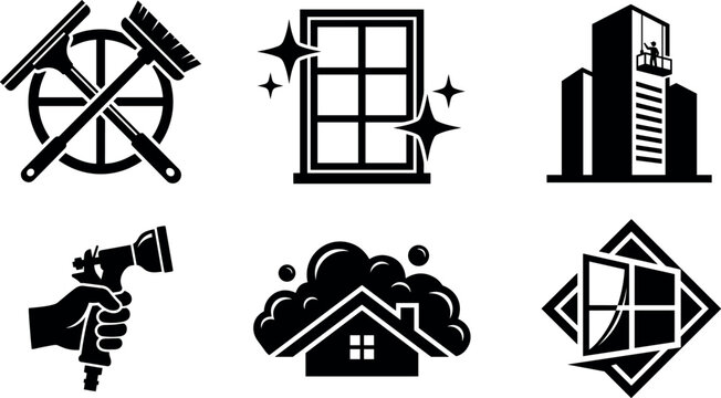 Commercial and Residential Cleaning Service Silhouette Icon Set Featuring Window Squeegees, Pressure Washers, Shining Glass, Roof Foaming, and High Rise Building Logos