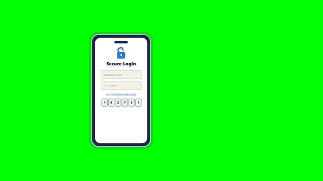 Premium 2D flat vector motion graphics of a secure login process, 2FA code verification, padlock state transition, and final success shield with green chroma key background.