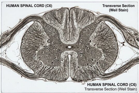 Microscopic View of Human Spinal Cord C6 Transverse Section with Weil Stain for Medical Education