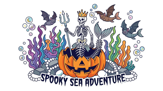 Spooky skeleton merman holding trident inside carved pumpkin with cute bats swimming underwater vector illustration
