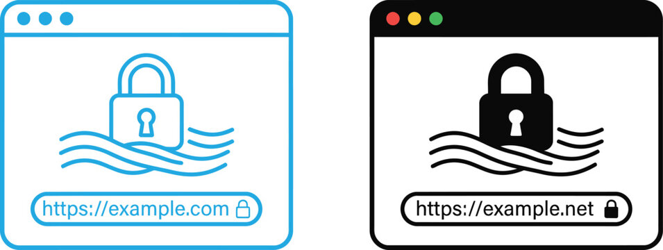 Secure web browser window icons with padlock symbols for internet safety and data protection