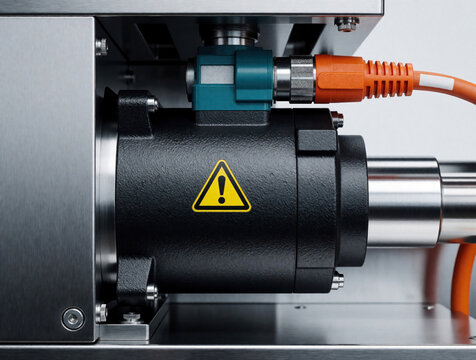 Close up view of electric servomotor inside industrial machine. Black motor with yellow warning sign connected to orange cables. Precision automation component part of high tech engineering equipment