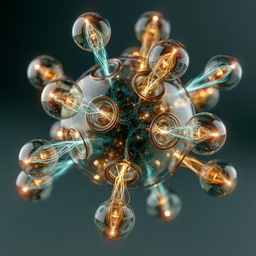 Glass sphere hub with port rings and orbiting bulbs of light fibers