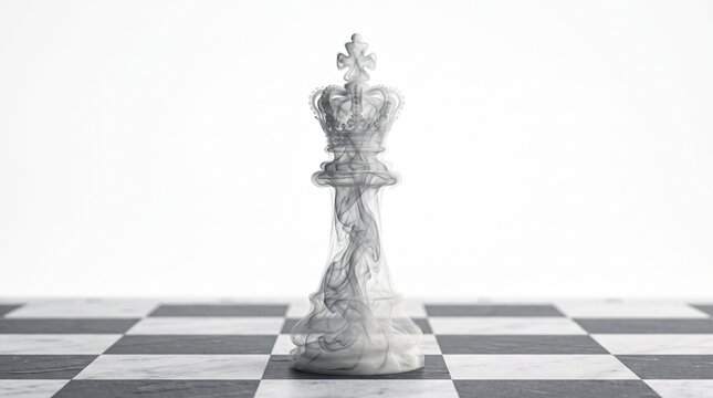 Smoke king chess piece standing on a marble board against white