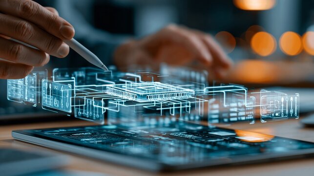 Stylus pointing at holographic processor chip above digital tablet