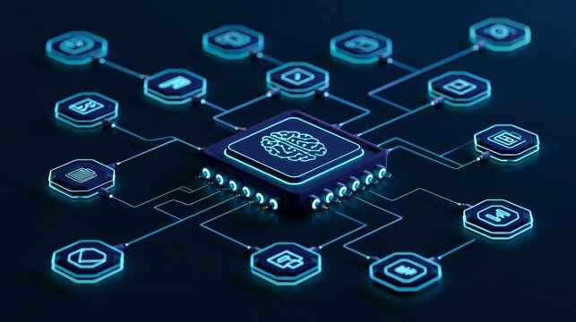Processor chip with neural pattern connected to octagonal app badges