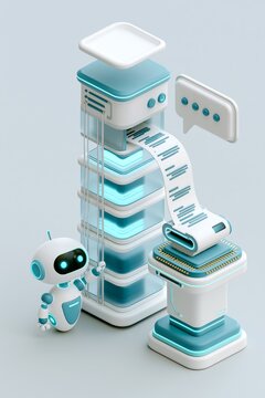 Cute robot beside data tower with paper strip flowing to processor