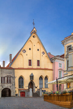 Great Guild Hall facade on Pikk street in Tallinn, Estonia. Sunny day view of medieval Gothic architecture