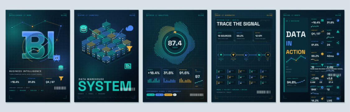 Modern business intelligence cover template set. Vector vertical poster and dashboard layouts with navy teal and amber data charts, grids, isometric blocks and analytical dark background