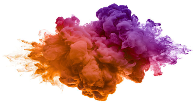 Isolated vibrant orange and purple ink cloud swirling in water, dynamic fluid abstract art.