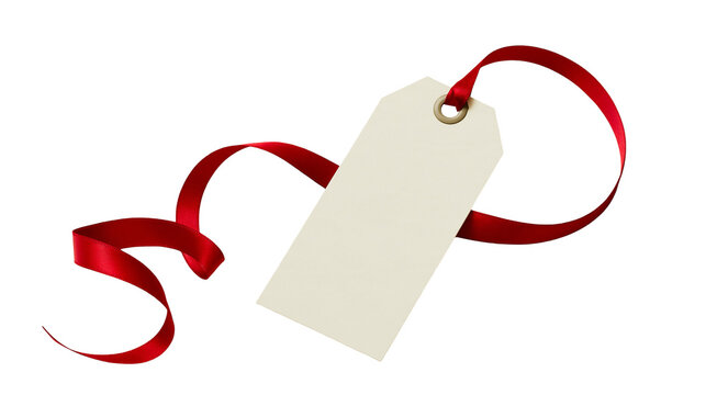 Isolated blank off-white gift tag with a beautiful red ribbon, perfect for presents and messages