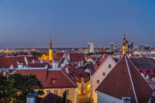 Panoramic view of Tallinn from Toompea hill in evening, Estonia. Twilight cityscape of historic medieval old town