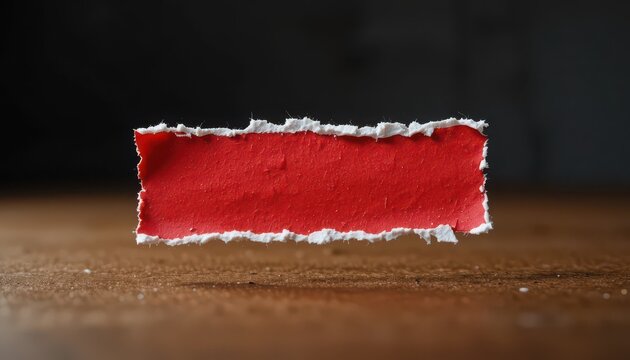 Red ripped paper strip rests horizontally on a dark textured wooden surface with soft dramatic ambient lighting.